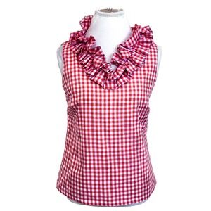 Elizabeth Wilson Womens Gingham Ruffle Shirt Size S Orange White Checkered Plaid